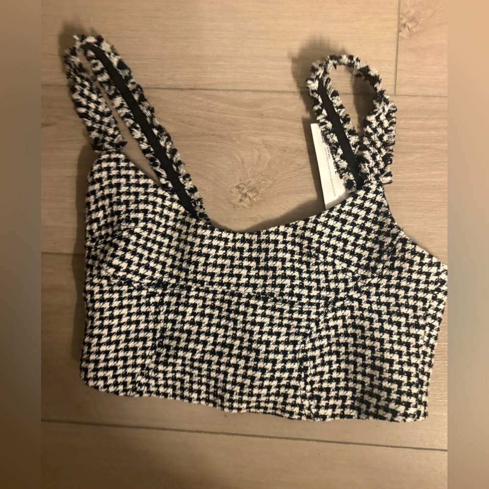Zara Black and White Houndstooth tweed corset crop top size M brand new w/tags